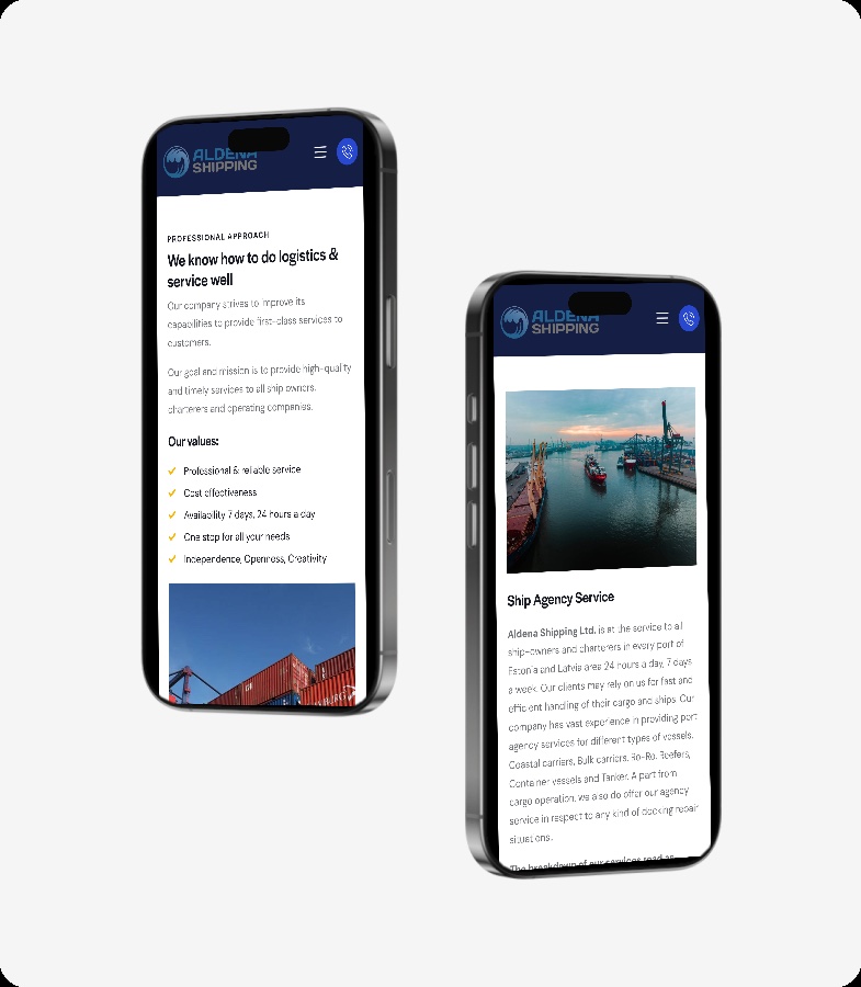 Aldena Shipping kodulehe alamlehed kahel nutitelefonil