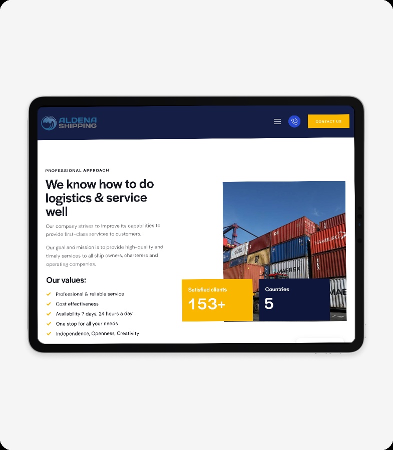 Aldena Shipping kodulehe alamleht horisontaalses tahvelarvutis
