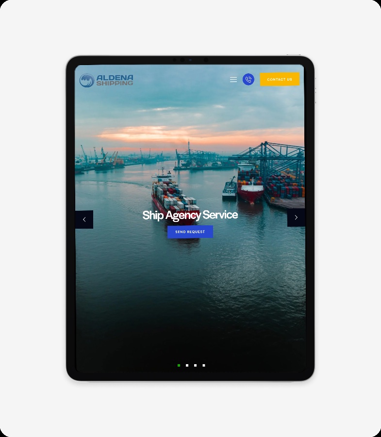 Aldena Shipping kodulehe avaleht vertikaalses tahvelarvutis