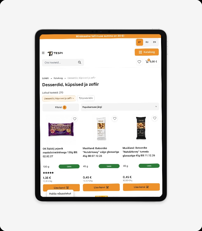 eTespi e-poe avaleht vertikaalses tahvelarvutis